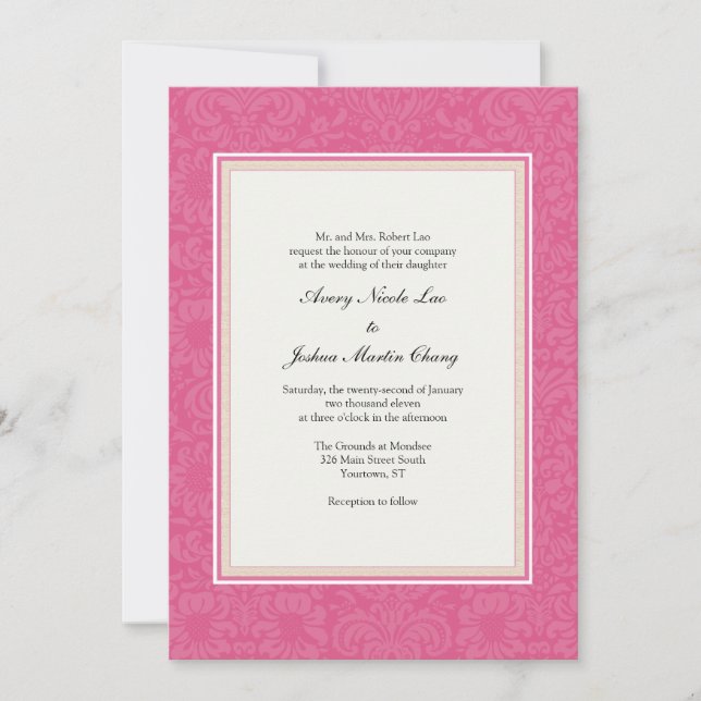 Invitación Matrimonio de Damasco Rosado (Anverso)