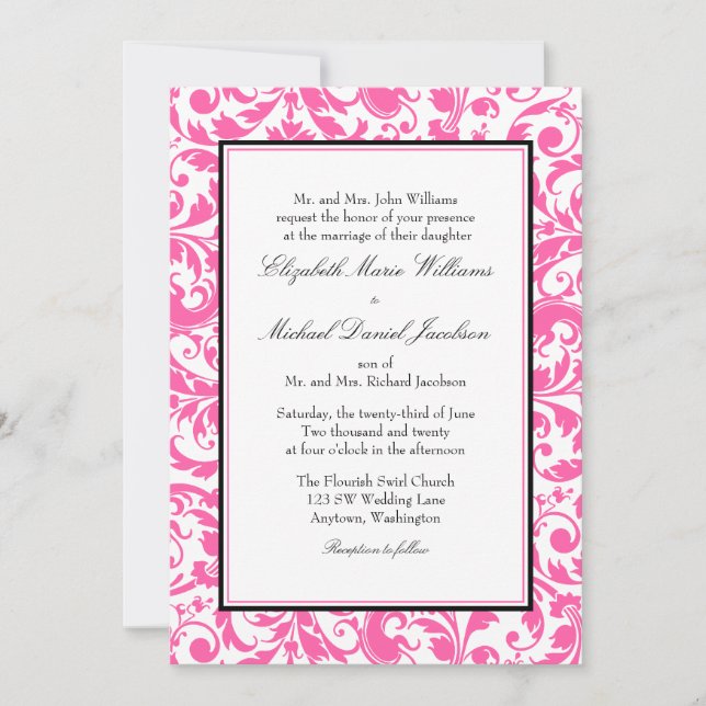 Invitación Matrimonio de Damasco Rosado y Negro (Anverso)