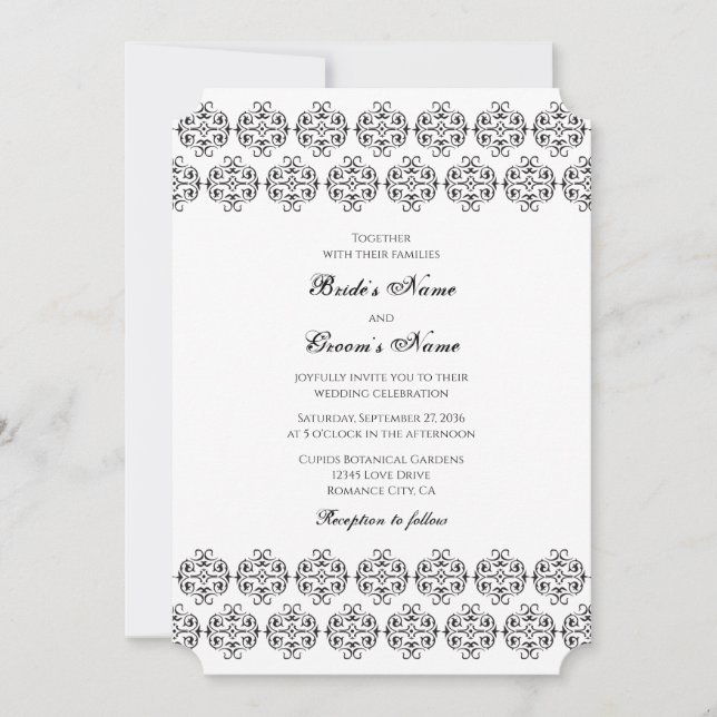 Invitación Matrimonio de Damasco Vintage de caligrafía blanca (Anverso)