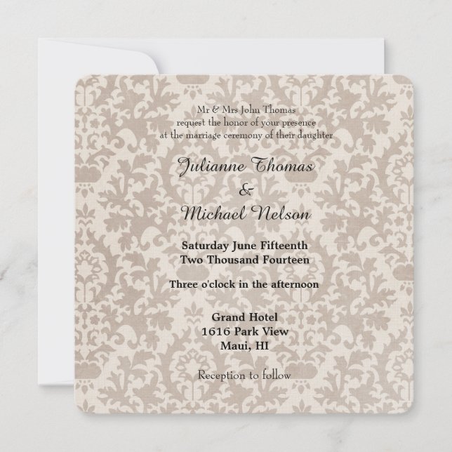 Invitación Matrimonio de Damasco Vintage de Cream (Anverso)