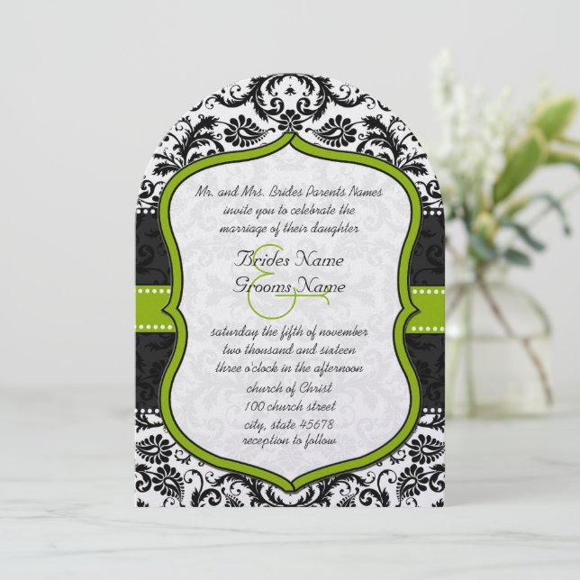 Invitación Matrimonio de Damasco Vintage verde Apple (Anverso de pie)