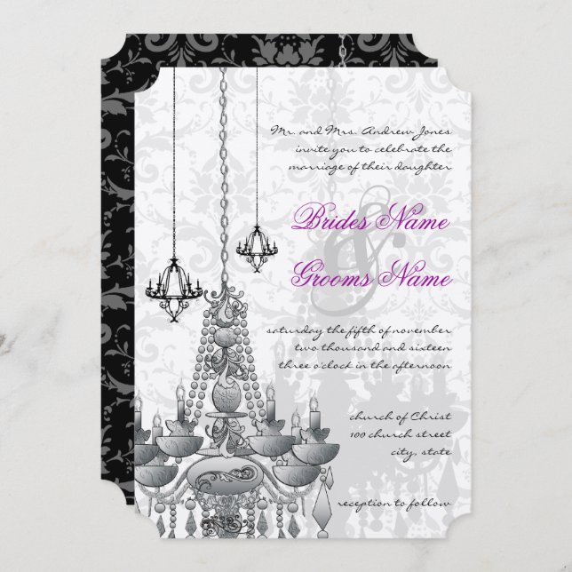 Invitación Matrimonio de Damask con lámpara de araña negra ro (Anverso / Reverso)