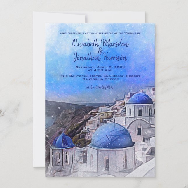 Invitación Matrimonio de destino de la acuarela de Santorini  (Anverso)