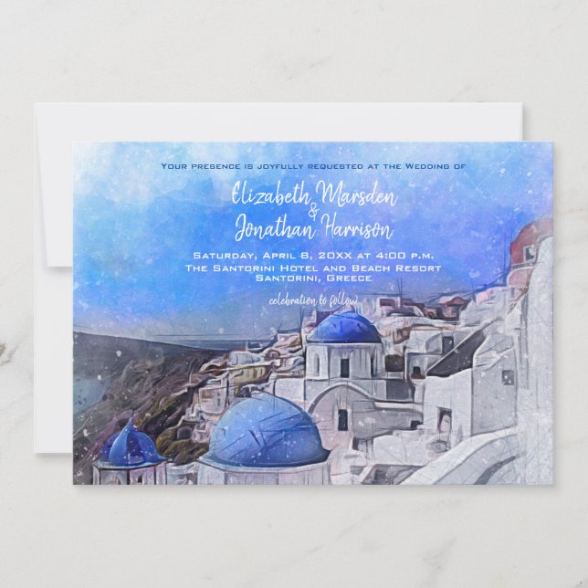 Invitación Matrimonio de destino de la acuarela de Santorini  (Anverso)