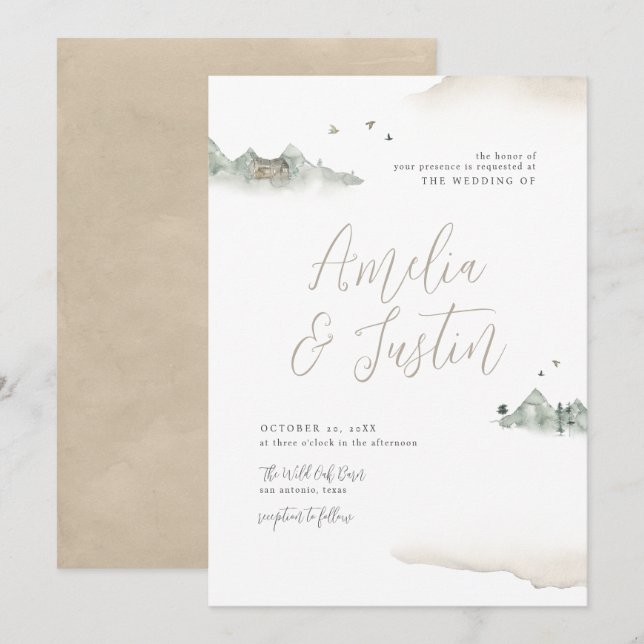 Invitación Matrimonio de destino de la montaña acuarela Tan (Anverso / Reverso)