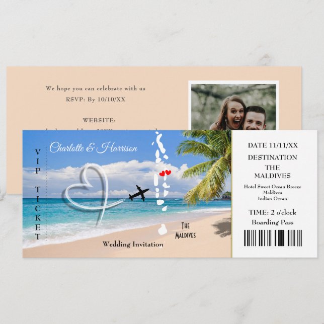 Invitación Matrimonio de destino de pase de boleto de Maldiva (Anverso / Reverso)
