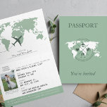 Invitación Matrimonio de destino de Sage Green Passport<br><div class="desc">Presentamos nuestra elegante y única invitación a la boda, diseñada para parecerse a un pasaporte! Esta invitación incluye una impresionante foto de la pareja feliz contra un hermoso fondo verde sabio. La portada cuenta con un mapa del mundo detallado, lo que añade un toque de aventura y atractivo global al...</div>