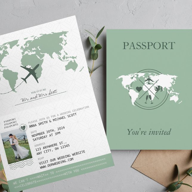 Invitación Matrimonio de destino de Sage Green Passport (Subido por el creador)