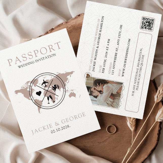 Invitación Matrimonio de destino único de Pasaporte Beige-Cut (Destination Wedding Passport Budget Friendly Invitation Beige Minimalist Elegant Aesthetic Travel)