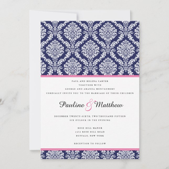 Invitación Matrimonio de Moda y Damasco Rosado (Anverso)