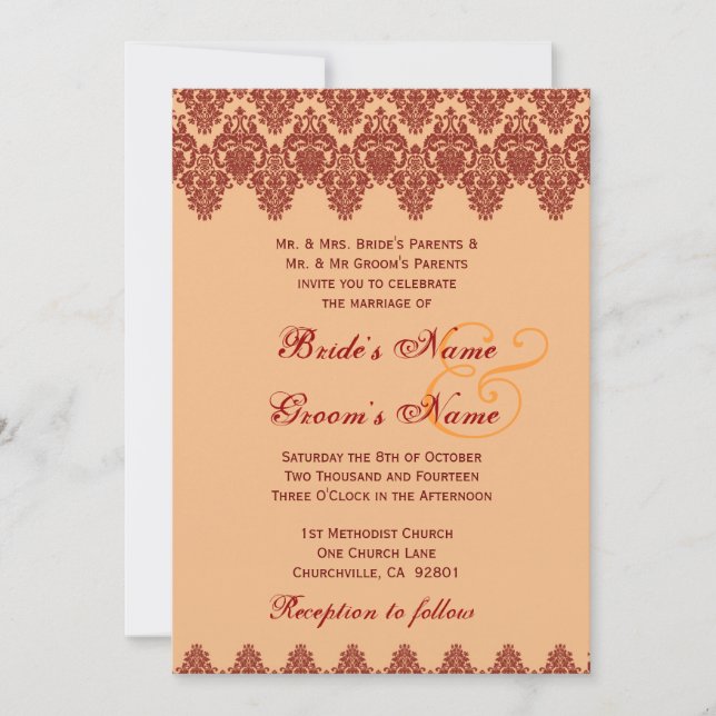 Invitación Matrimonio de Naranja con Damasco Premium Gold Met (Anverso)