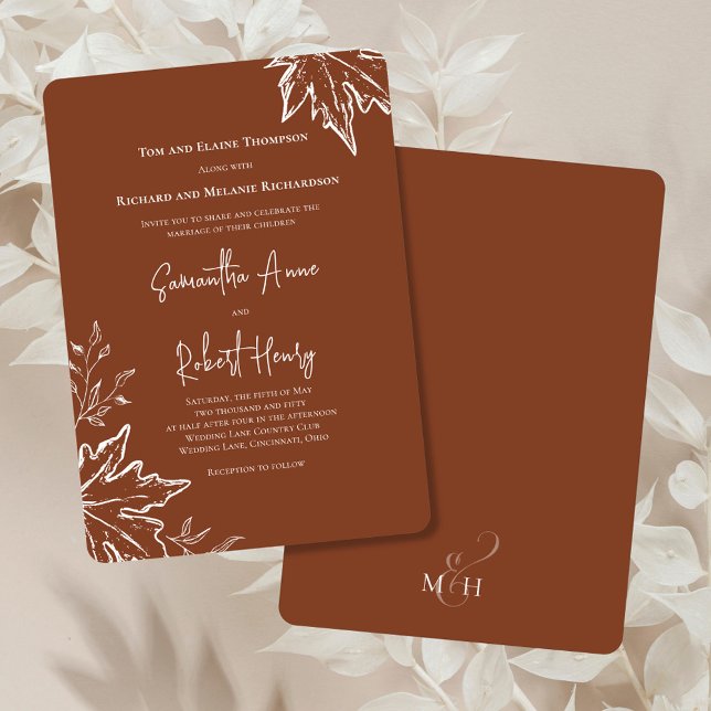 Invitación Matrimonio de otoño de Personalizado de hojas (Burgundy wedding invitation with fall leaves. )