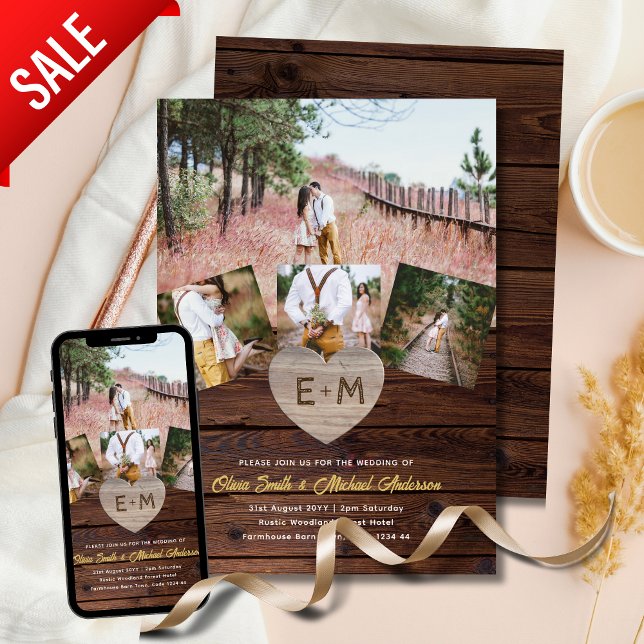 Invitación Matrimonio de país | Collage de fotos Rustic Wood  (Subido por el creador)