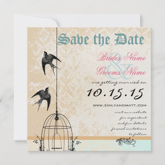 Invitación Matrimonio de pájaro Coral Damask Guardar la fecha (Anverso)