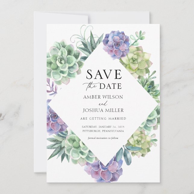 Invitación Matrimonio de Suculentos Púrpura y Verde Guardar l (Anverso)