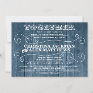 Invitación Matrimonio de Vintage de la Madera Azul Rústica de