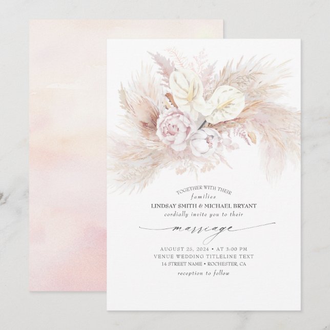Invitación Matrimonio elegante de Antrurio Blanco y Pampas (Anverso / Reverso)