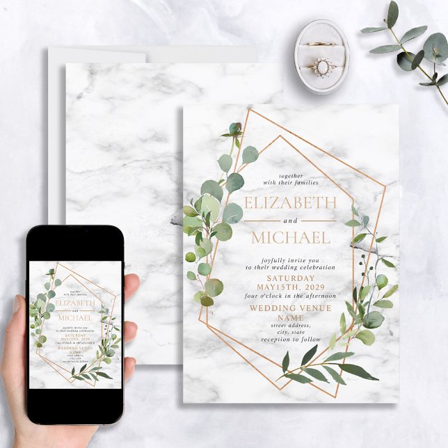 Invitación Matrimonio elegante de Eucalipto de Mármol Geométr (Subido por el creador)