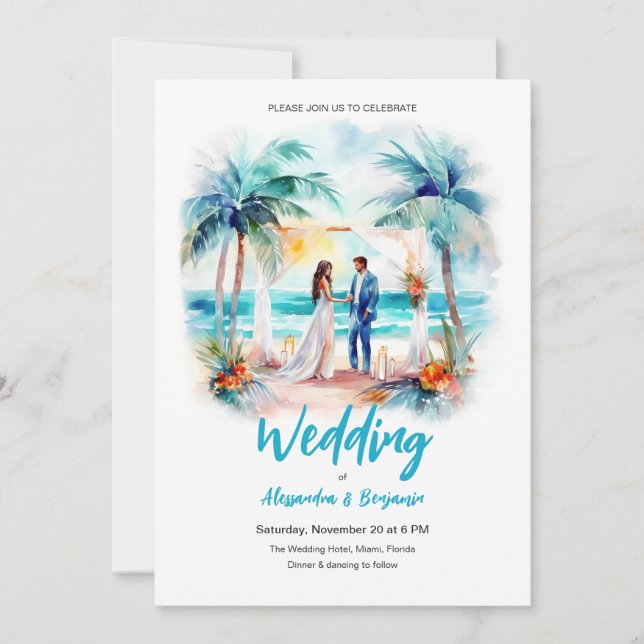 Invitación Matrimonio en el Boda Beach Watercolor (Anverso)