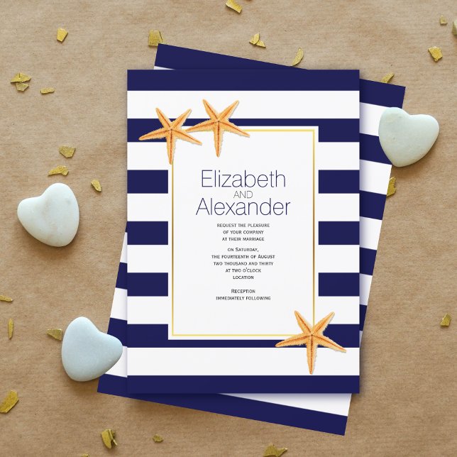 Invitación Matrimonio en la playa de rayas blancas azul marin (Subido por el creador)