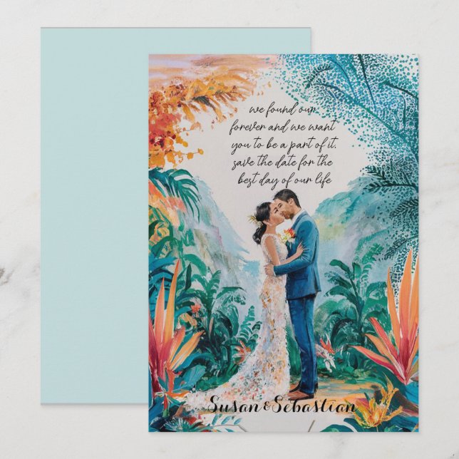 Invitación matrimonio guardar la cita simple acuarela pareja (Anverso / Reverso)