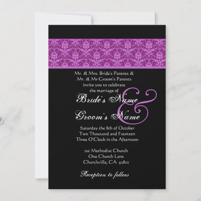Invitación Matrimonio magenta y Damasco negro (Anverso)