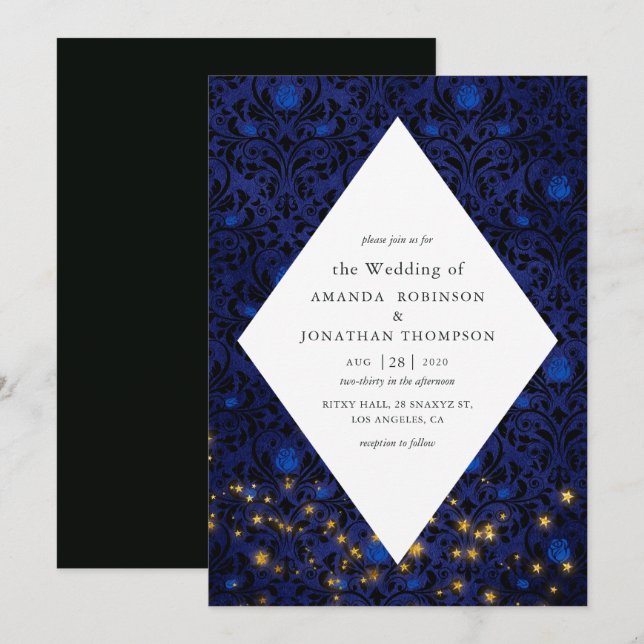 Invitación Matrimonio místico de Damasco floral de estrellas  (Anverso / Reverso)