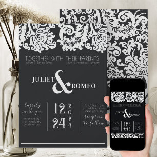Invitación Matrimonio moderno de Damasco floral blanco y negr