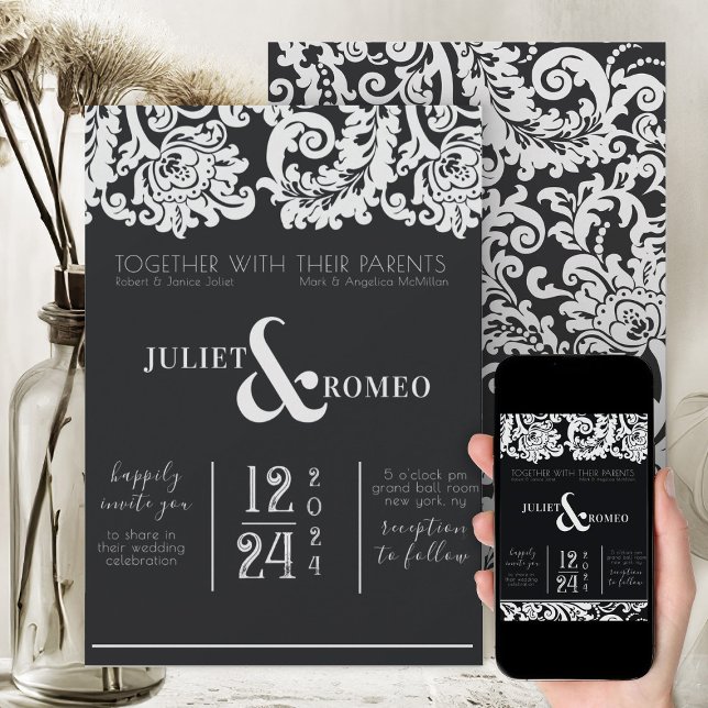 Invitación Matrimonio moderno de Damasco floral blanco y negr (elegant black and white wedding theme floral damask modern wedding invitation )