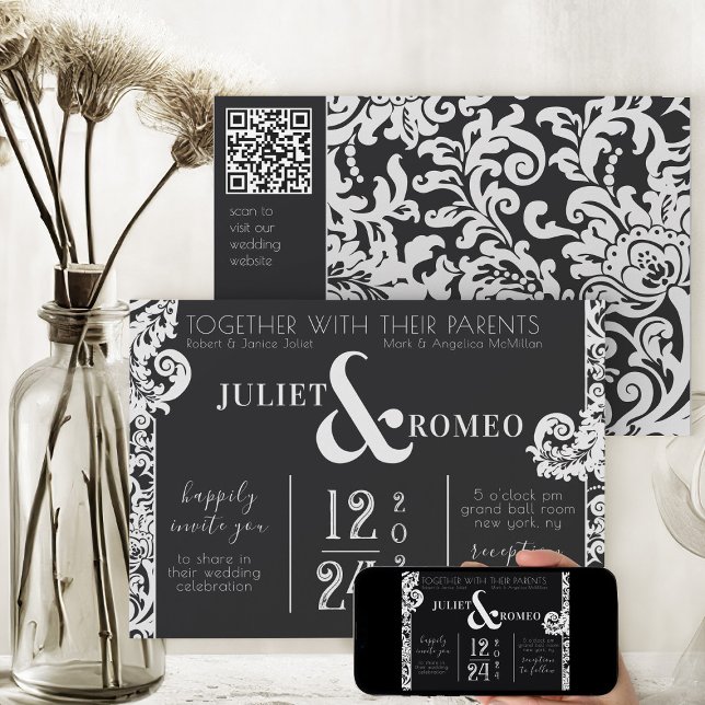 Invitación Matrimonio moderno de Damasco floral blanco y negr (elegant black and white theme modern floral damask printable wedding  invitation)