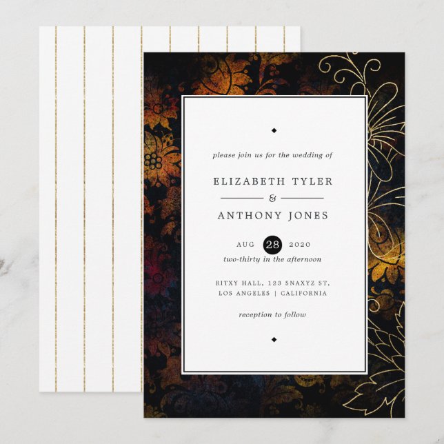 Invitación Matrimonio negro, cobre y oro de Damasco ventilado (Anverso / Reverso)