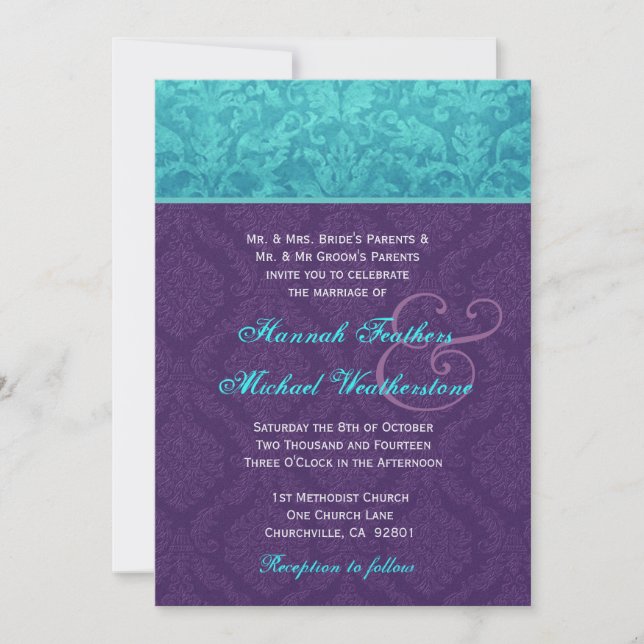 Invitación Matrimonio Royal Purple y Aqua Blue Damask (Anverso)