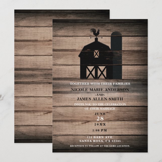 Invitación Matrimonio rústico de la madera de los negros del  (Anverso / Reverso)