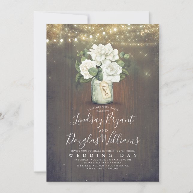 Invitación Matrimonio rústico de Mason Jar floral blanca (Anverso)