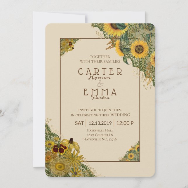 Invitación Matrimonio rústico entre el girasol y el beige del (Anverso)