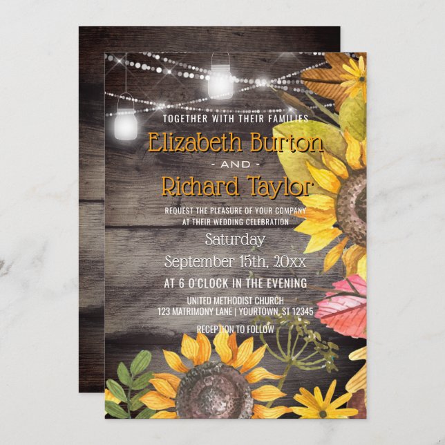 Invitación Matrimonio rústico Mason Jar enciende el girasol (Anverso / Reverso)