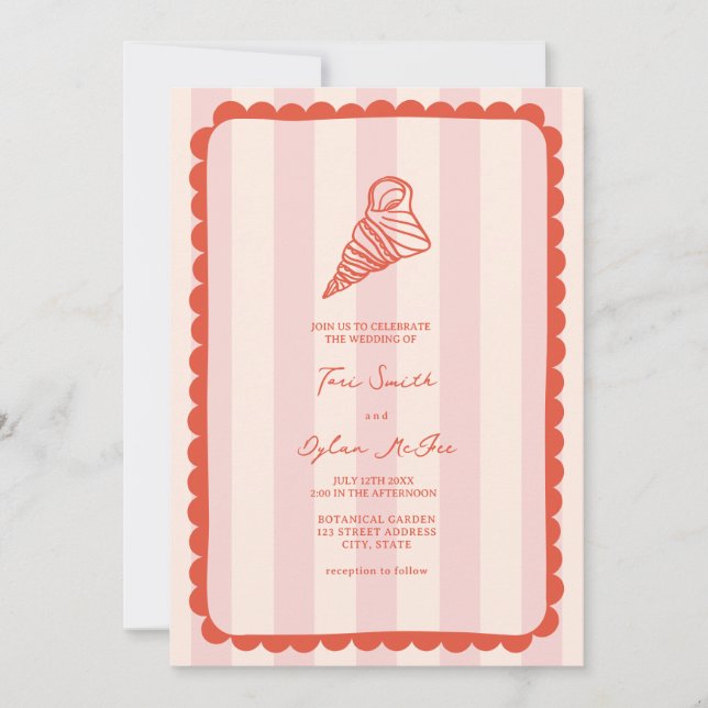 Invitación Matrimonio tropical de franja rosada de concha (Anverso)