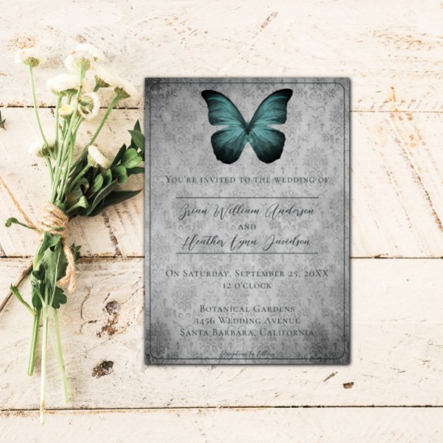 Invitación Matrimonio verde azulado de mariposa de vintage (Teal Vintage Butterfly Damask Wedding Invitation)