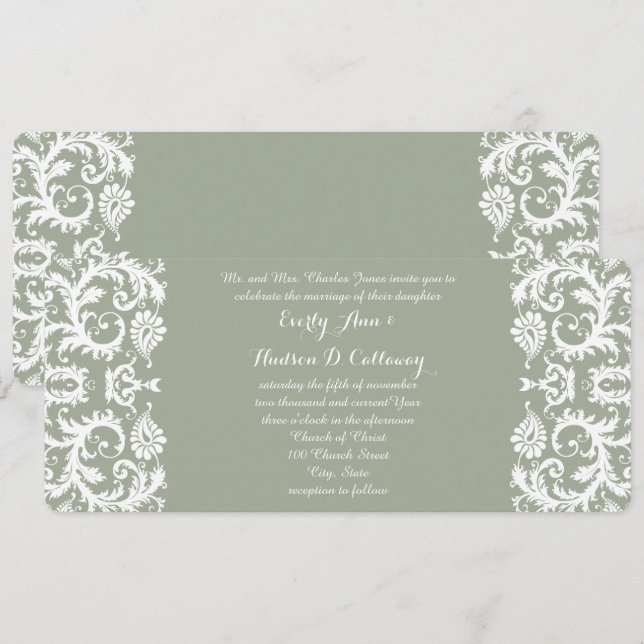 Invitación Matrimonio verde y blanco de Damasco (Anverso / Reverso)
