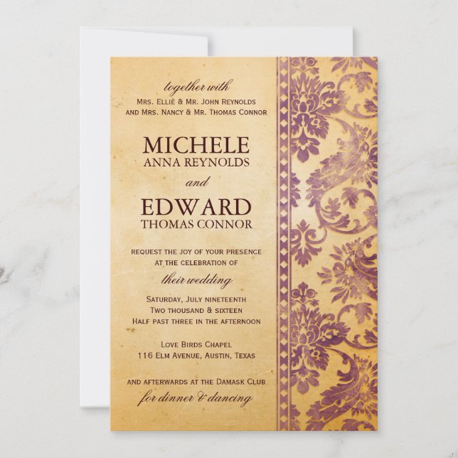 Invitación Matrimonio Vintage con damasco Lilac (Anverso)