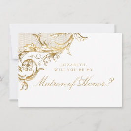 Invitación Matrón blanco de honor de la placa floral de oro v
