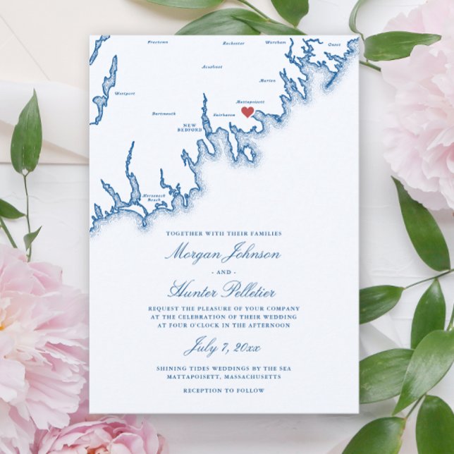 Invitación Mattapoisett MA Map Elegant Navy Blue Wedding (Mattapoisett Massachusetts Wedding Invitation in Elegant Navy Blue from Coastal Map Designs)
