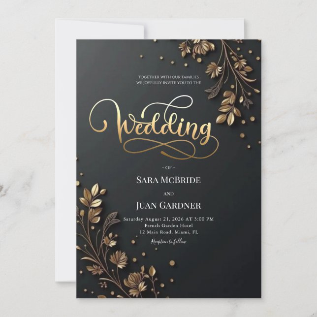 Invitación Matte Black & 3D Gold Leaf Botanical Motifs (Anverso)