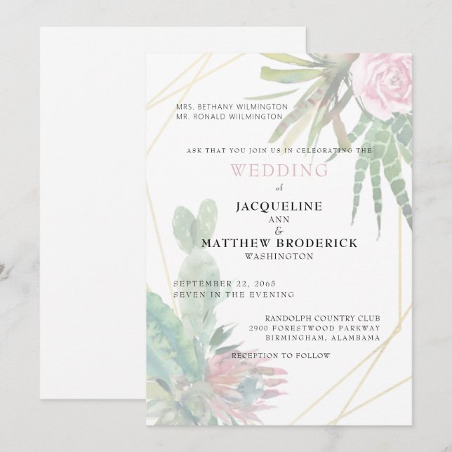 Invitación Matte, Boda de padres tropicales Cacti moderno (Anverso / Reverso)