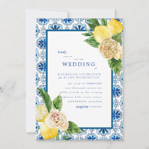 Invitación Matte Boda Tropical Mediterráneo Azul y Lemones