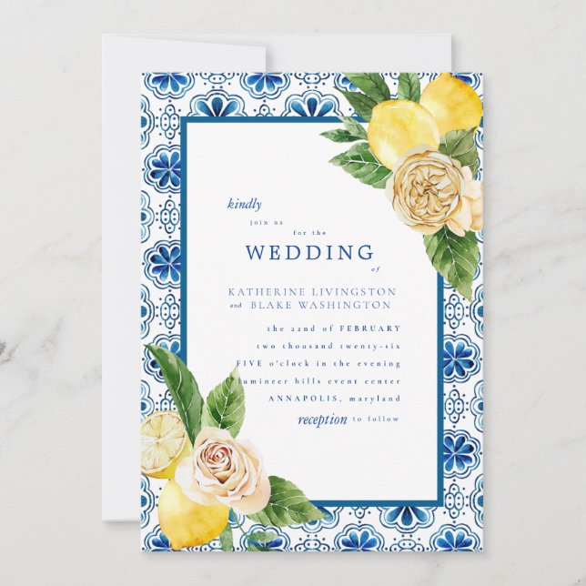 Invitación Matte Boda Tropical Mediterráneo Azul y Lemones (Anverso)