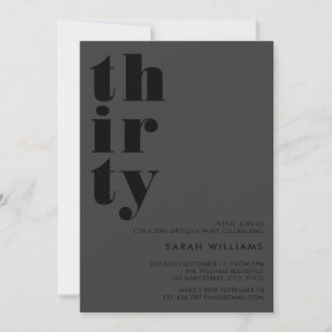 Invitación Matte moderno simple 30 cumpleaños negro