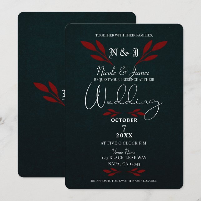 Invitación Matte Red Leaves Black Modern Glam Gothic Boda (Anverso / Reverso)