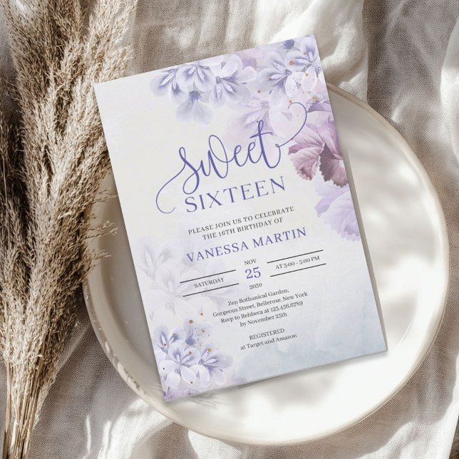 Invitación Mauve azul polvoriento primavera boho Dulce diecis (Spring purple dusty blue mauve boho Sweet sixteen Invitation)
