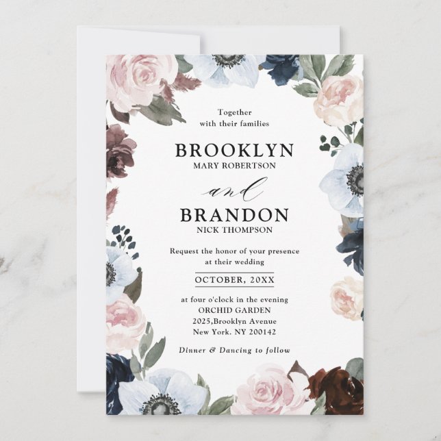 Invitación Mauve azul turbio de la marina y Boda rosa rubor (Anverso)